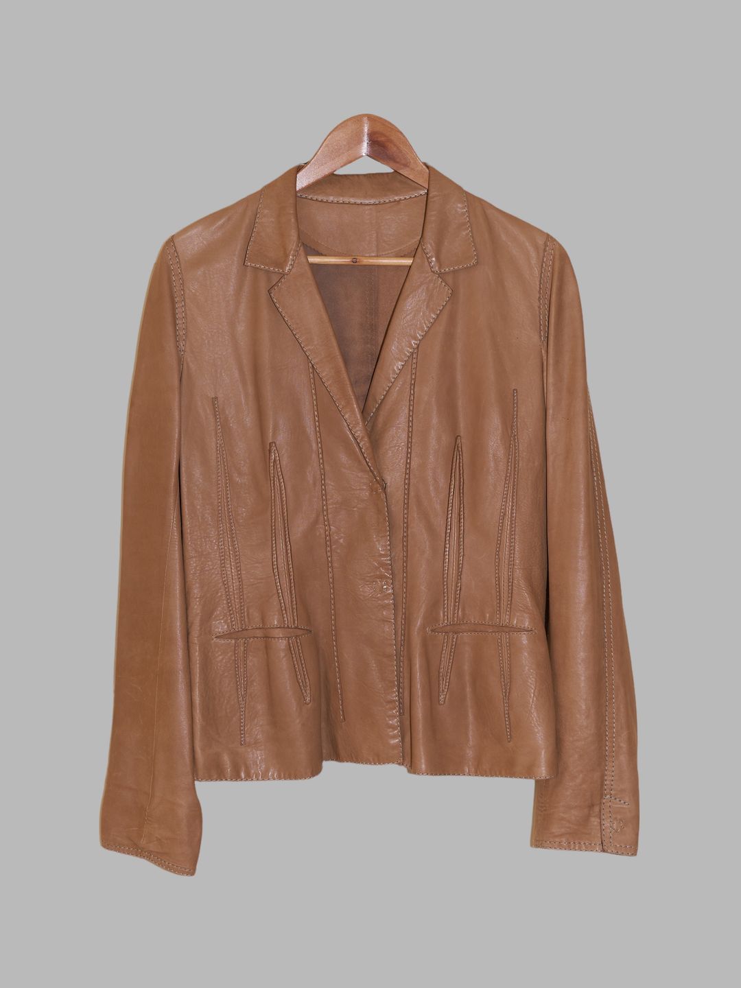 Sylvie Schimmel brown covered placket leather blazer with visible darts - size 42 by Other in size FR 42 from COATS & JACKETS category