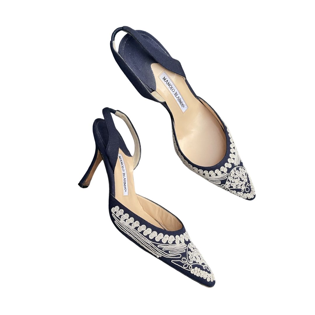 Manolo Blahnik embroidered denim slingback courts 38 by MANOLO BLAHNIK in size EU 38 from SHOES category