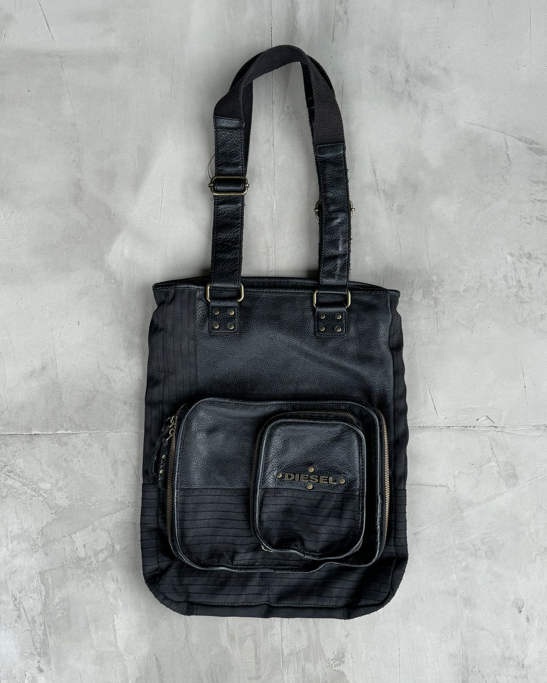 DIESEL BLACK LEATHER & CANVAS MULTI POCKET TOTE BAG by DIESEL in size ONE SIZE from BAGS category