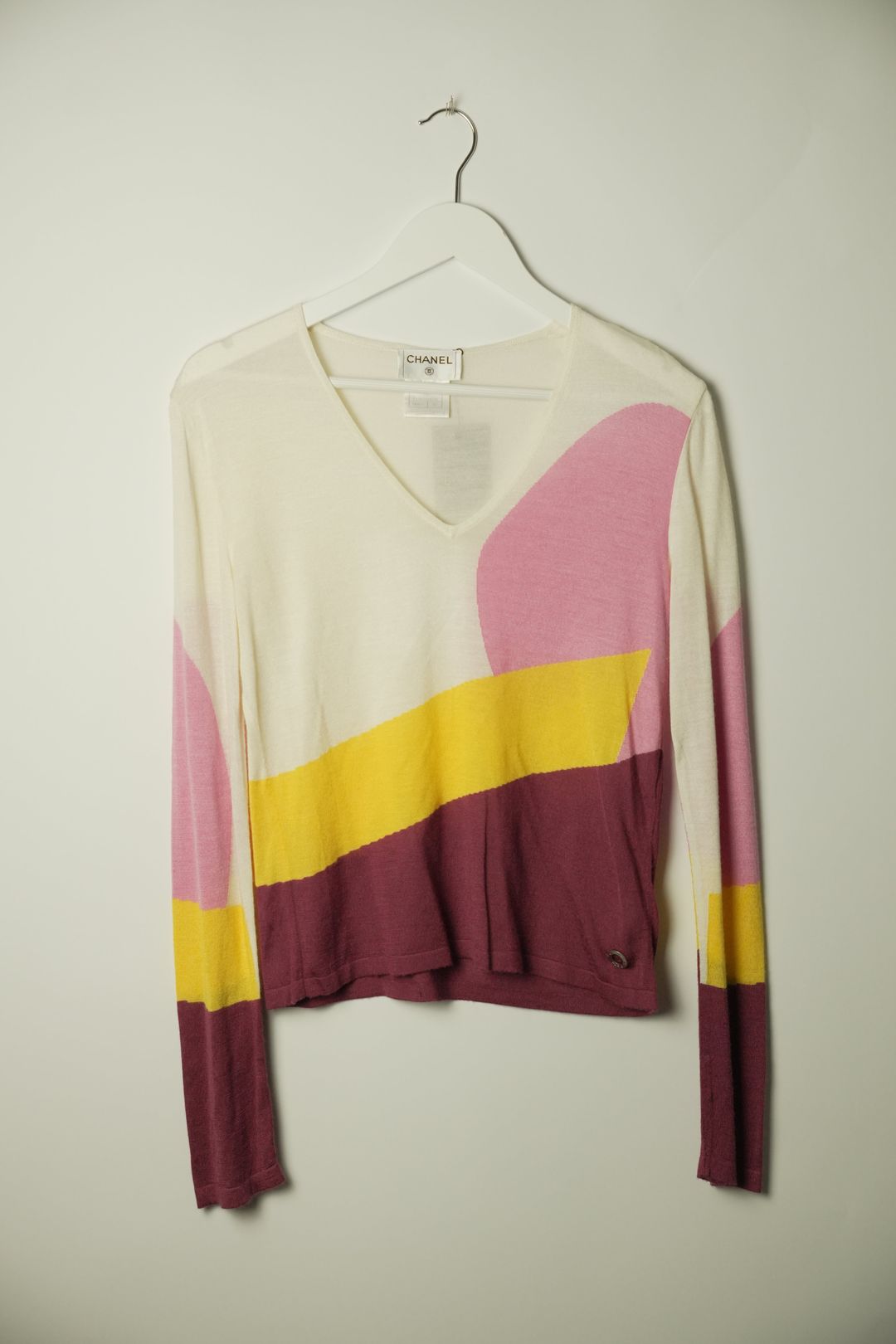Chanel Colour Block Shape V Neck Knit Sweater by CHANEL in size S from KNITWEAR category