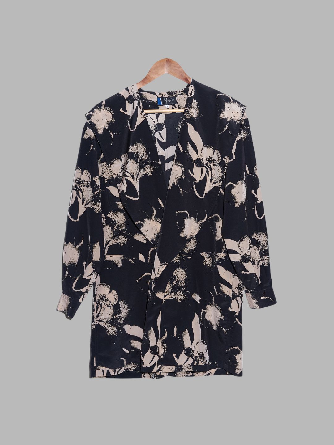 Claude Montana 1990s black cream floral print open front hooded jacket by Claude Montana in size AU/UK 10 from COATS & JACKETS category