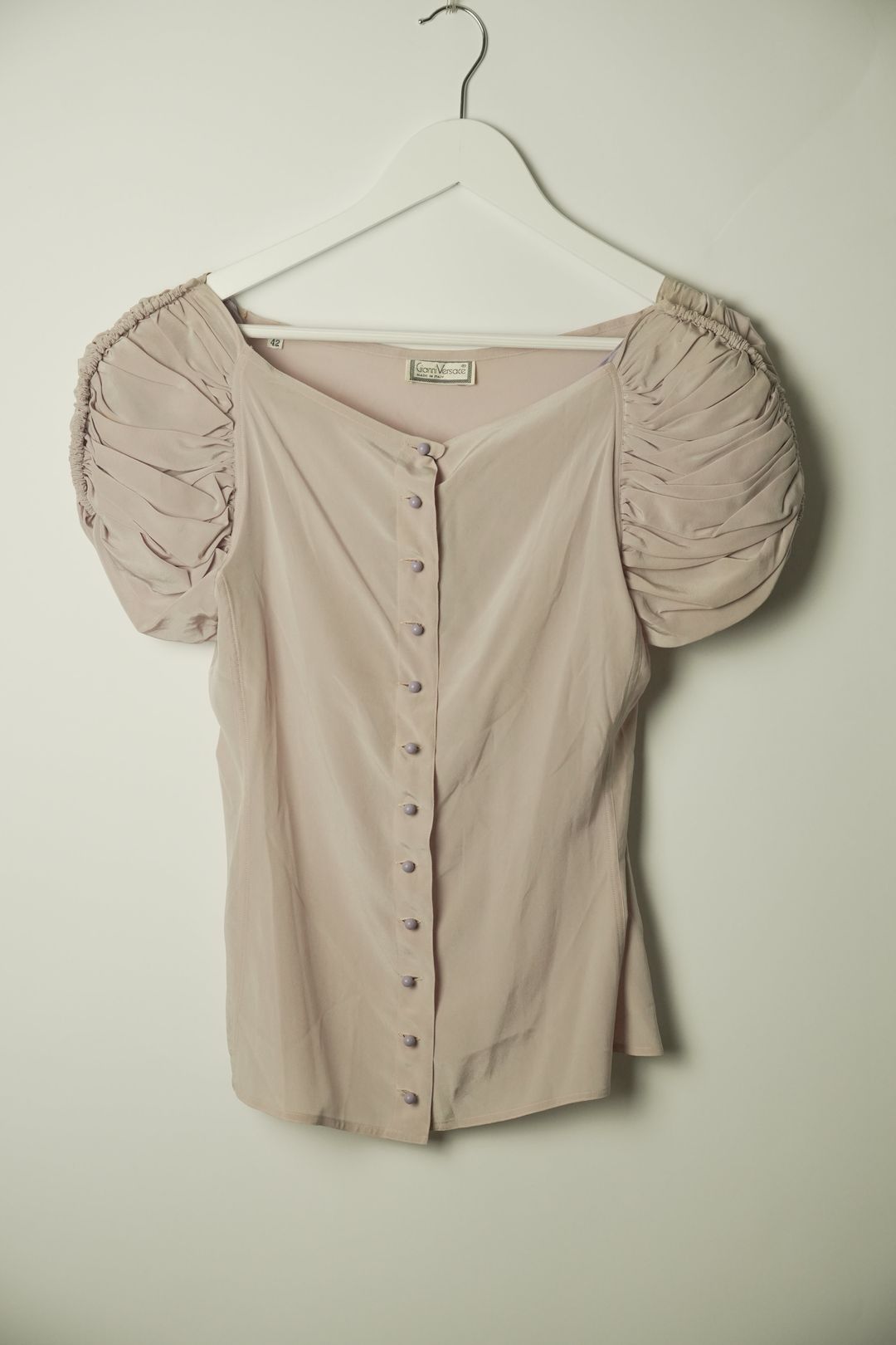 Gianni Versace Pleated Lilac Shoulder Button Down SS Blouse by VERSACE in size M from TOPS category