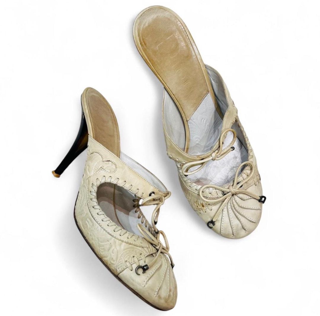 CHRISTIAN DIOR Cream Embossed Leather Mules by DIOR in size EU 39 from SHOES category