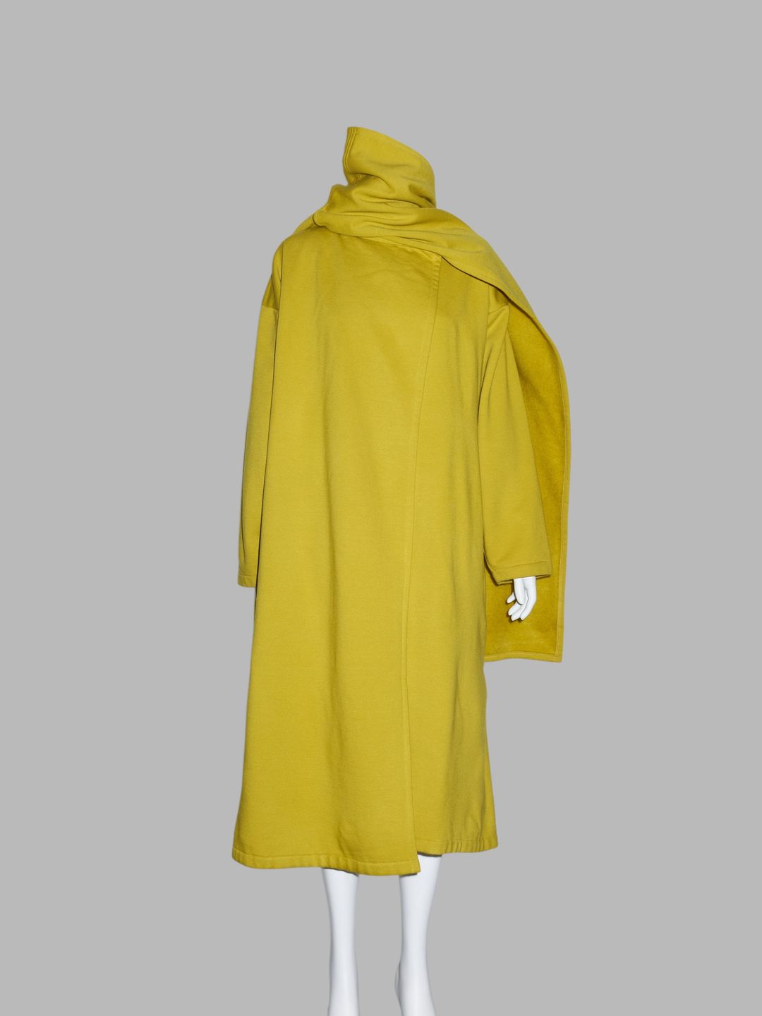 Norma Kamali 1980s long mustard yellow fleece gown coat with integrated scarf by Norma Kamali in size M from COATS & JACKETS category