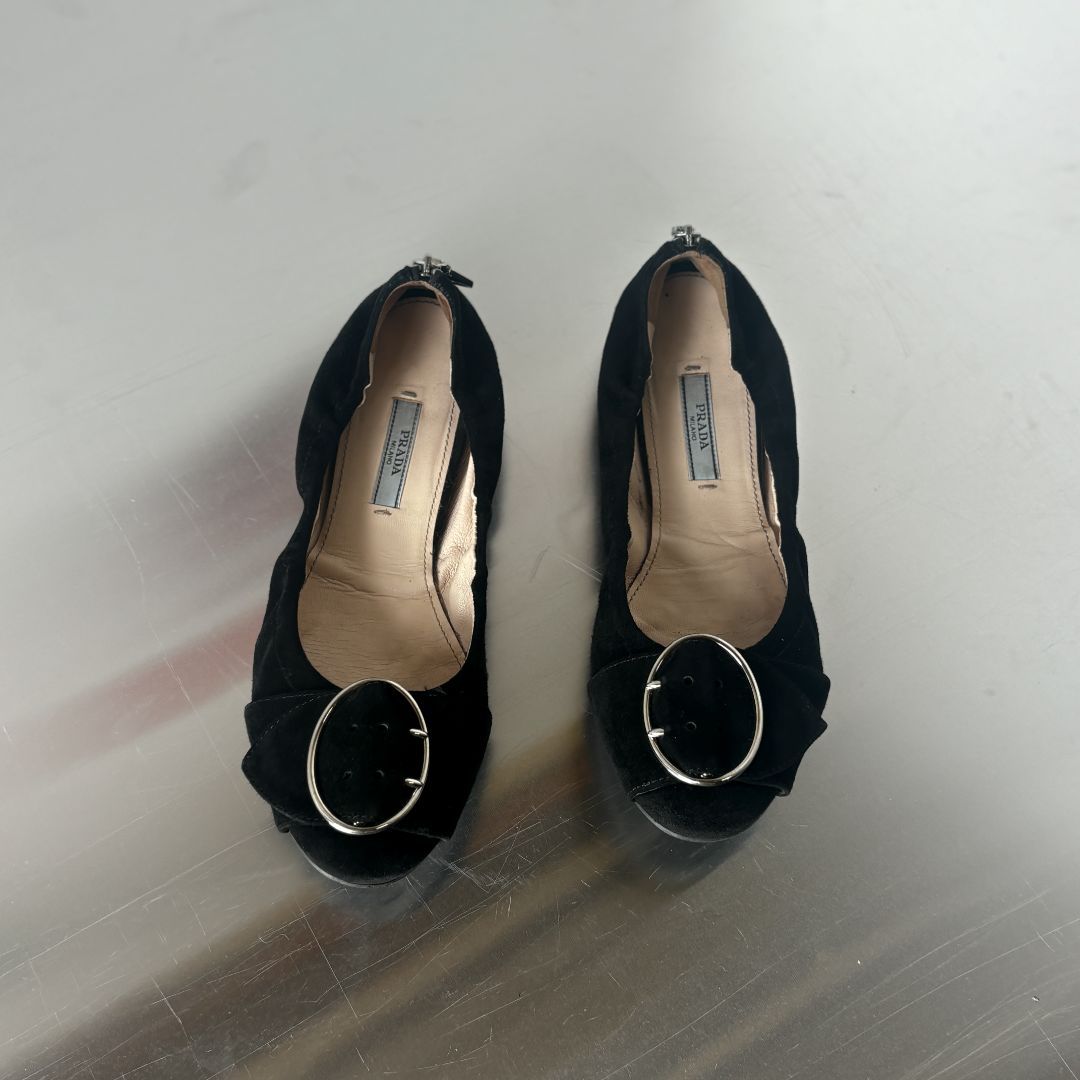 SUEDE LEATHER BALLET FLATS WITH SILVER BUCKLE by PRADA in size EU 37 from SHOES category