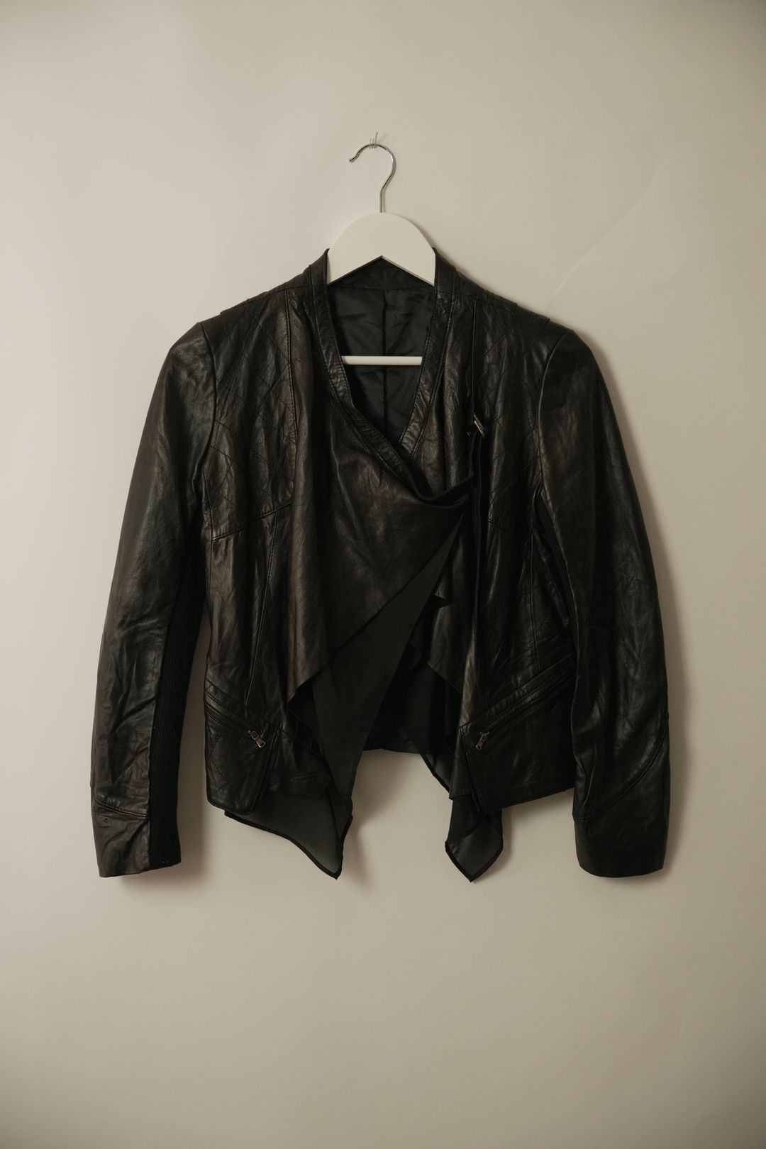 Black Leather Assymetrical Layered Jacket by VENDOR-UNKNOWN in size XS from COATS & JACKETS category