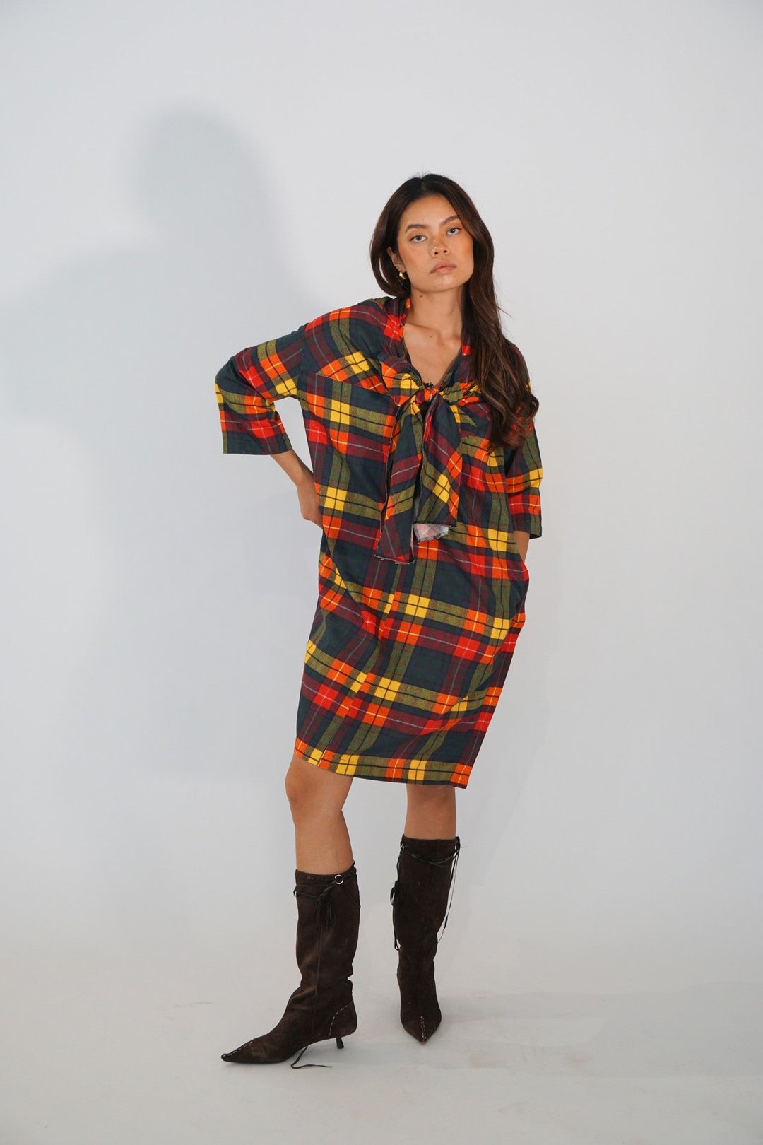 Tricot Comme des garçons plaid checkered LS dress w bow tie by COMME DES GARÇONS in size AU/UK 12 from DRESSES category