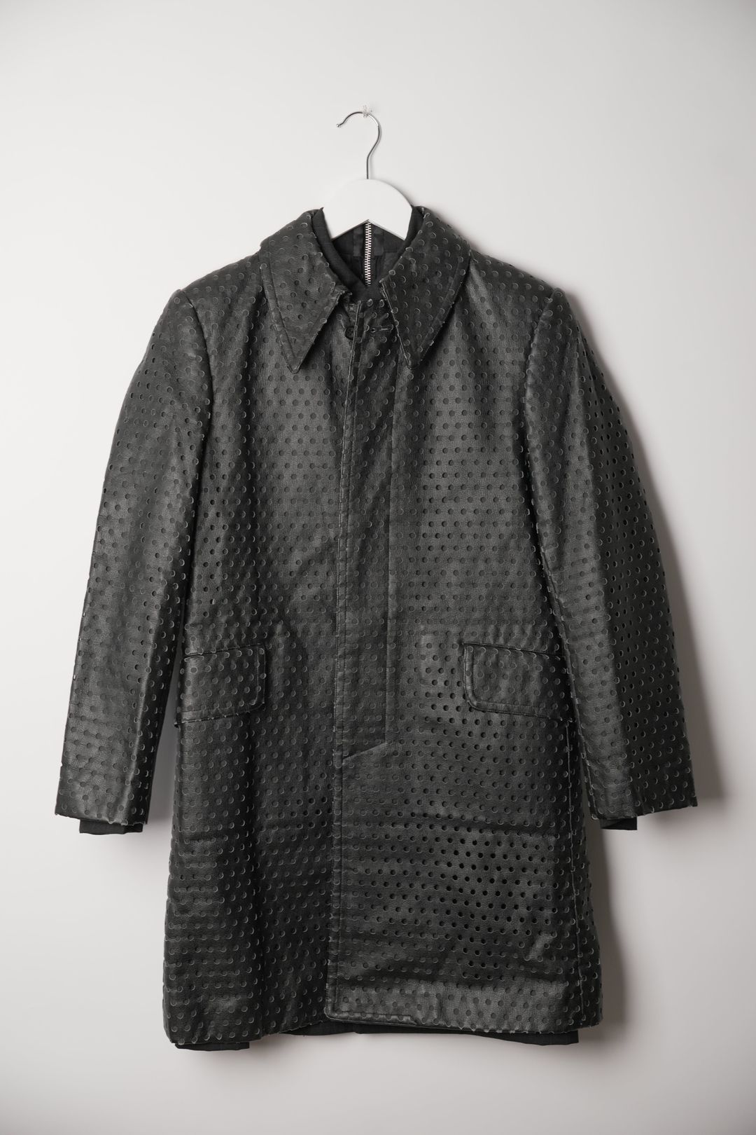 Comme Des Garcons Perforated Faux Leather Back Zip Double Layered Blazer Coat AD2000 by COMME DES GARCONS in size S from COATS & JACKETS category