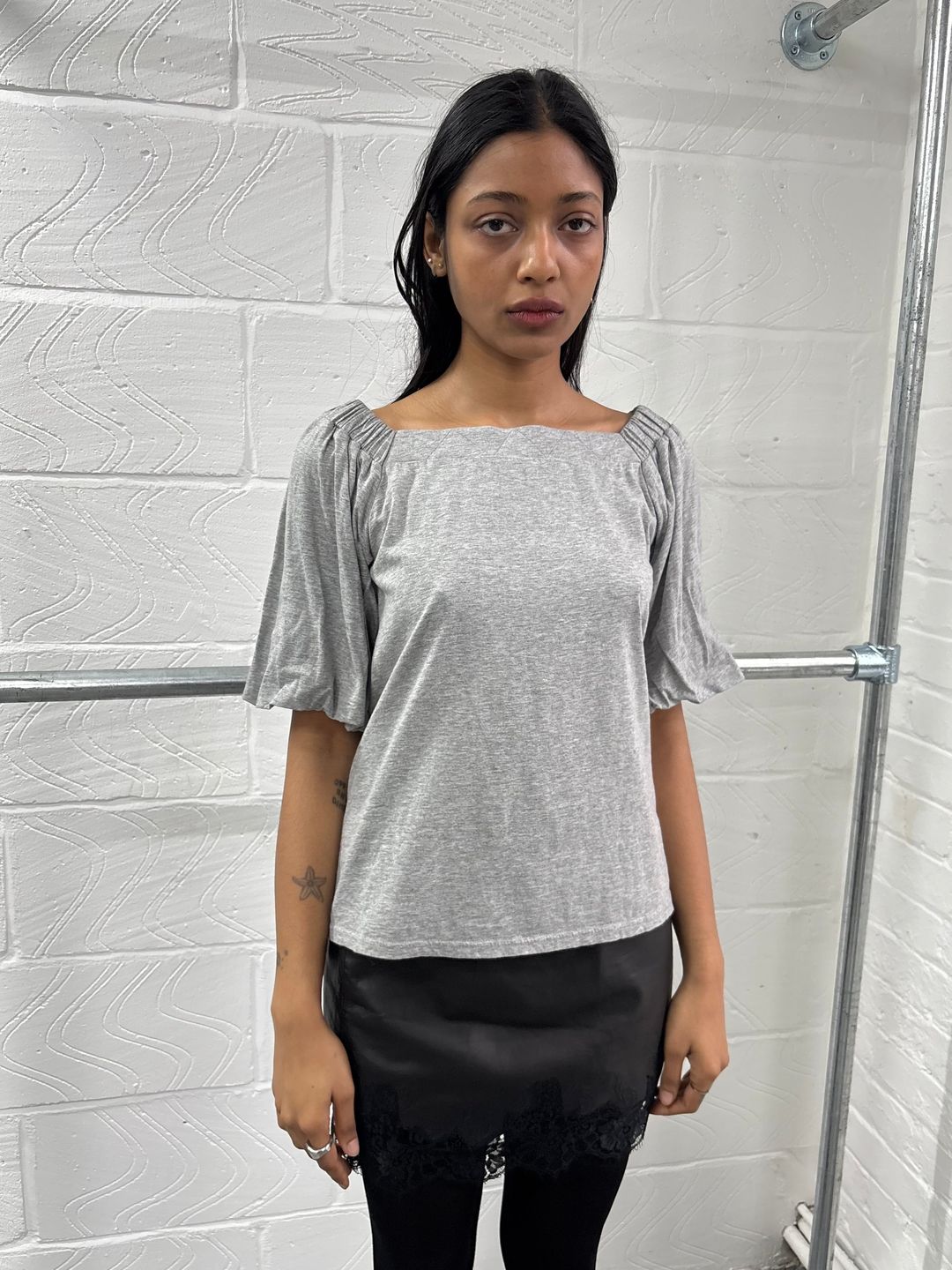 PUFF SLEEVE GREY JERSEY TOP by MEIWAI LIMITED in size S from TOPS category