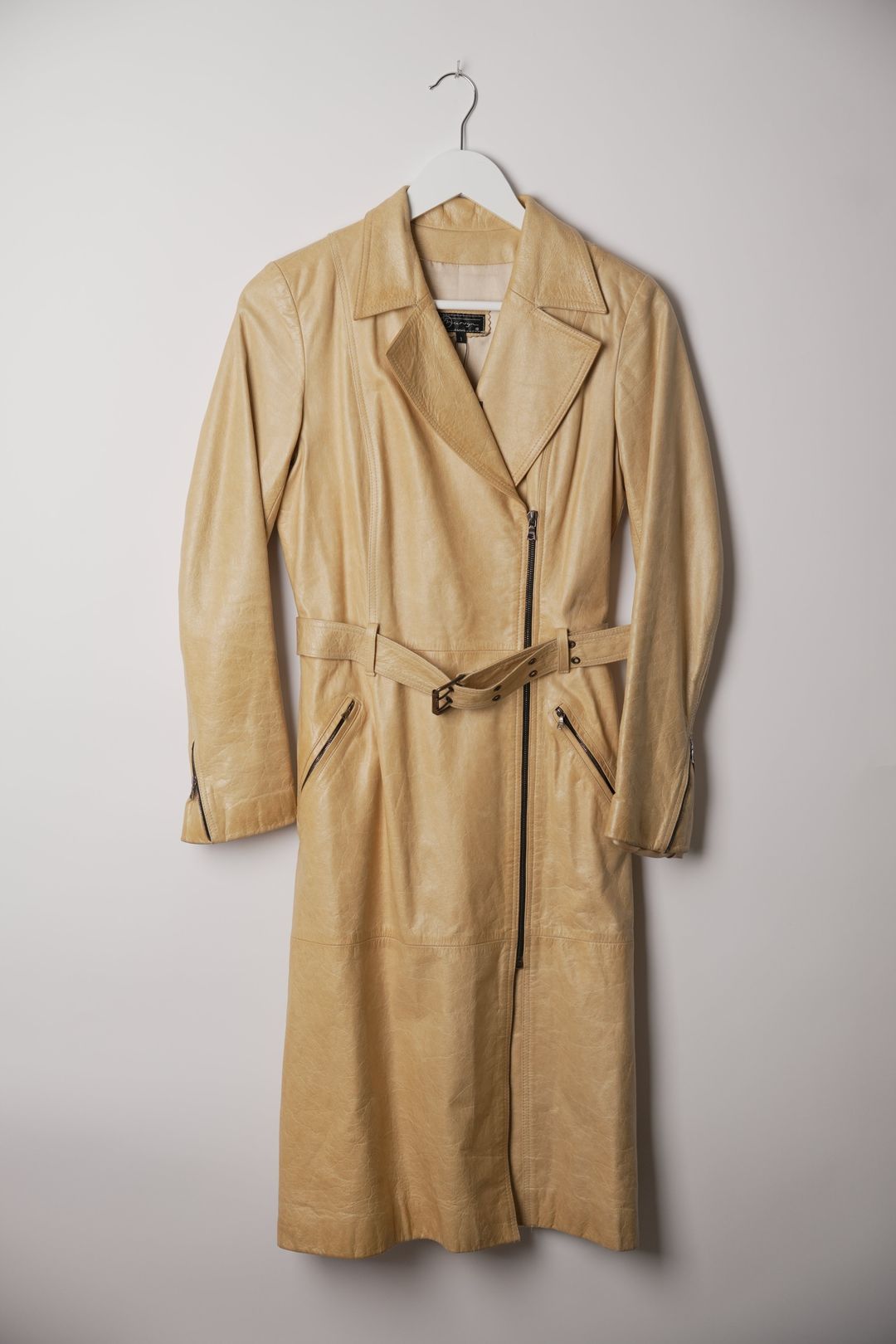 Vintage Camel Leather Belted Coat with Asymmetric Zip by VENDOR-UNKNOWN in size XS from COATS & JACKETS category