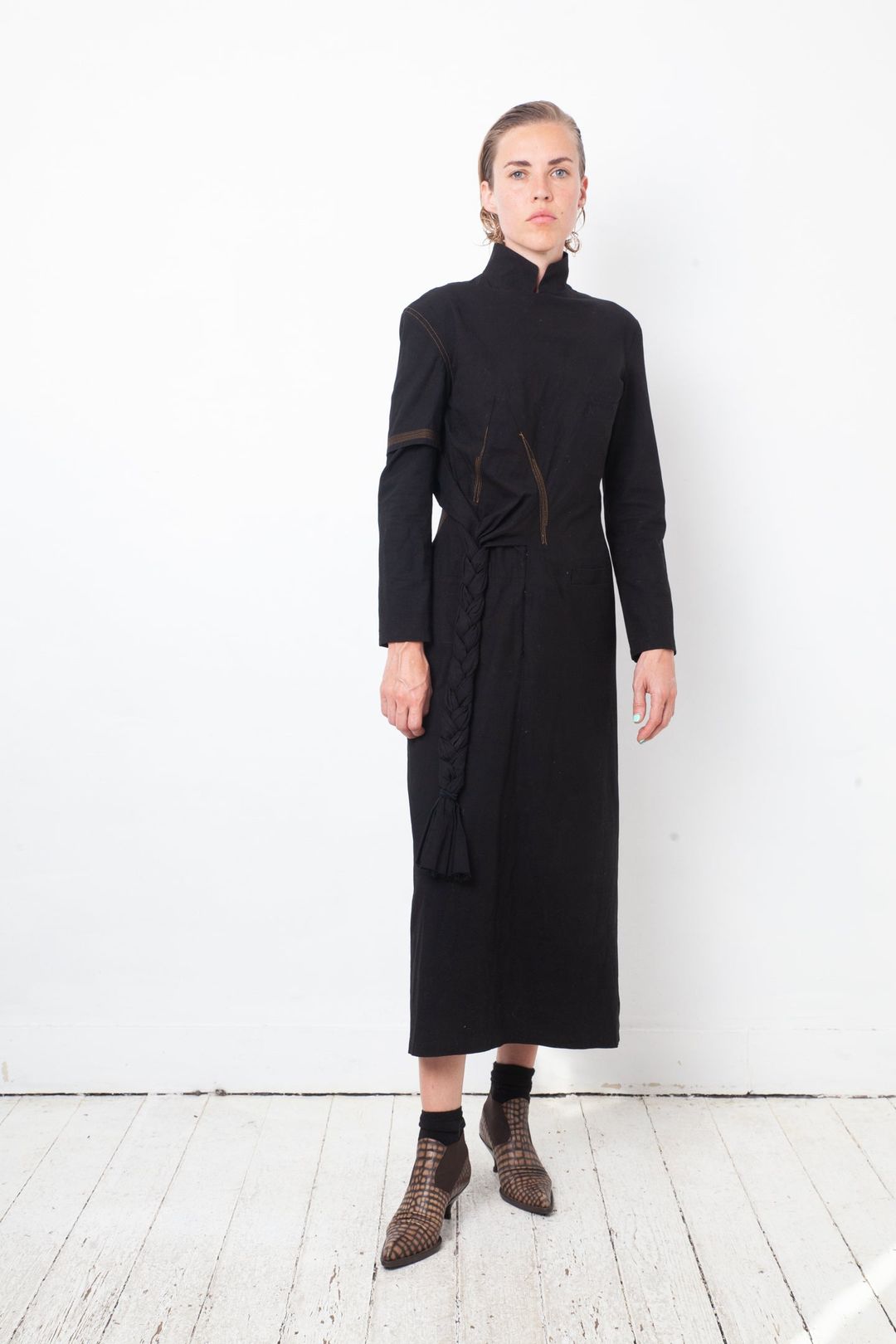 Yohji Yamamoto 2000's black cotton dress with orange stitching and braid detail by YOHJI YAMAMOTO in size FR 36 from DRESSES category