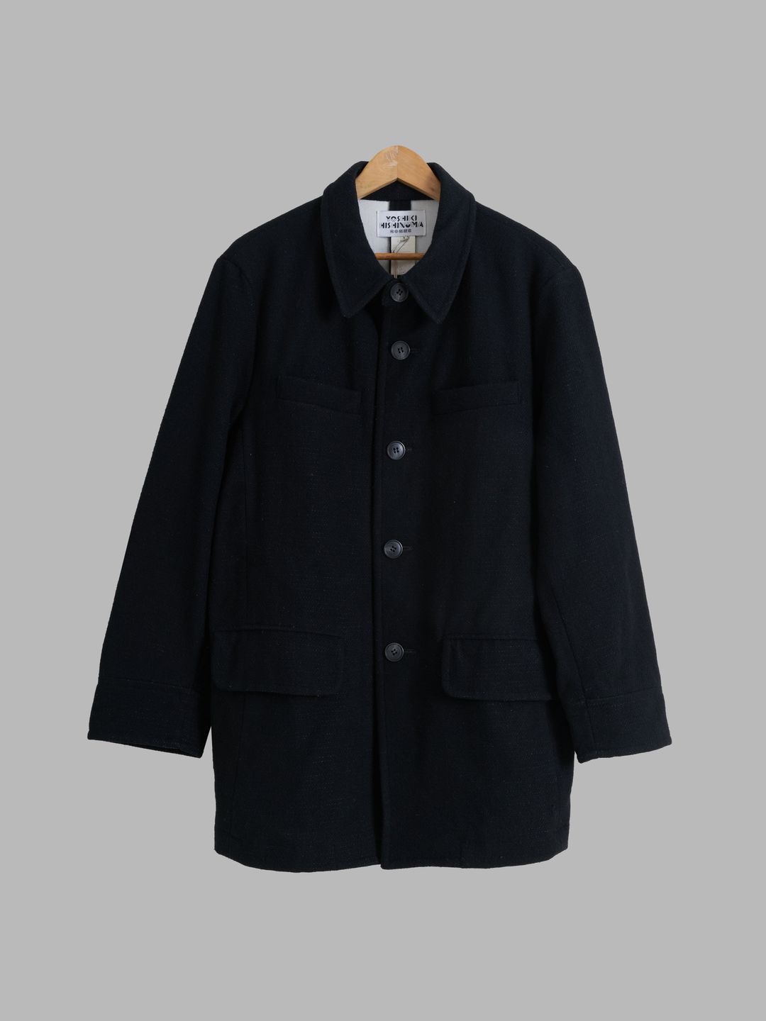 Yoshiki Hishinuma Homme black bonded wool poly 5 button coat - size 1 S by Yoshiki Hishinuma in size S from COATS & JACKETS category
