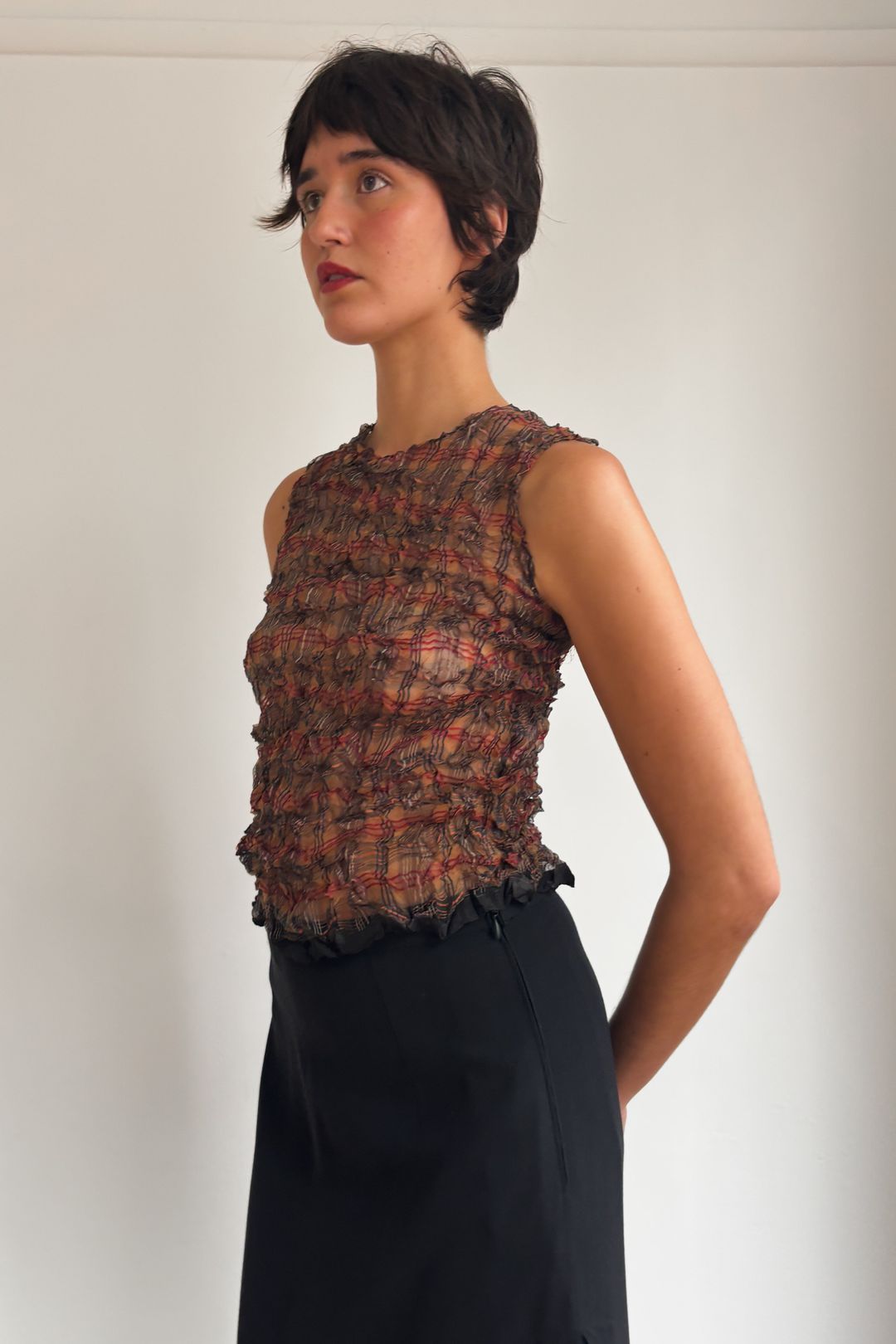 SHEER TARTAN STRETCH TOP by ISSEY MIYAKE in size M from TOPS category