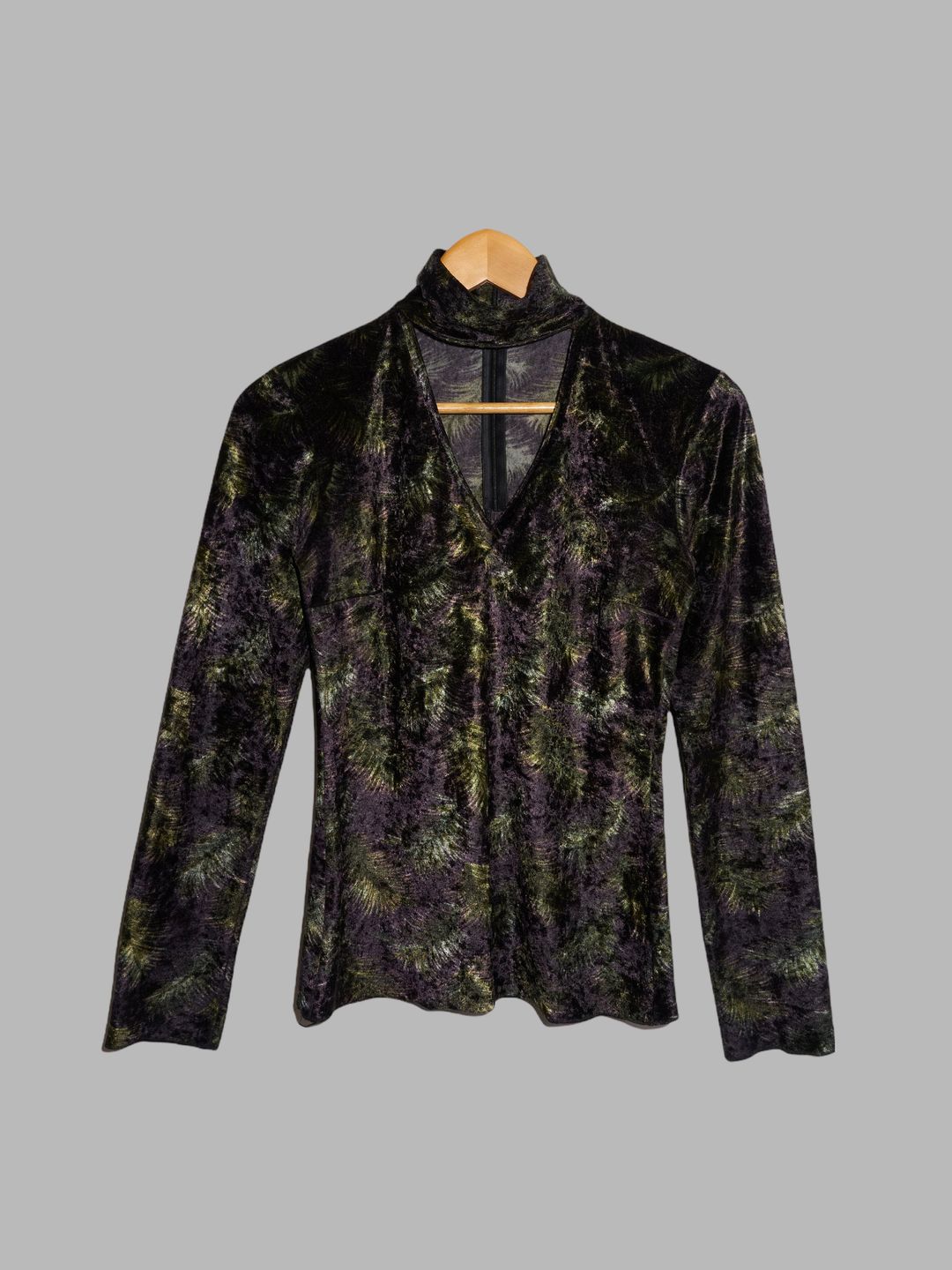 Jean Colonna black green purple feather print velour front cut out mock neck top by Jean Colonna in size M from TOPS category