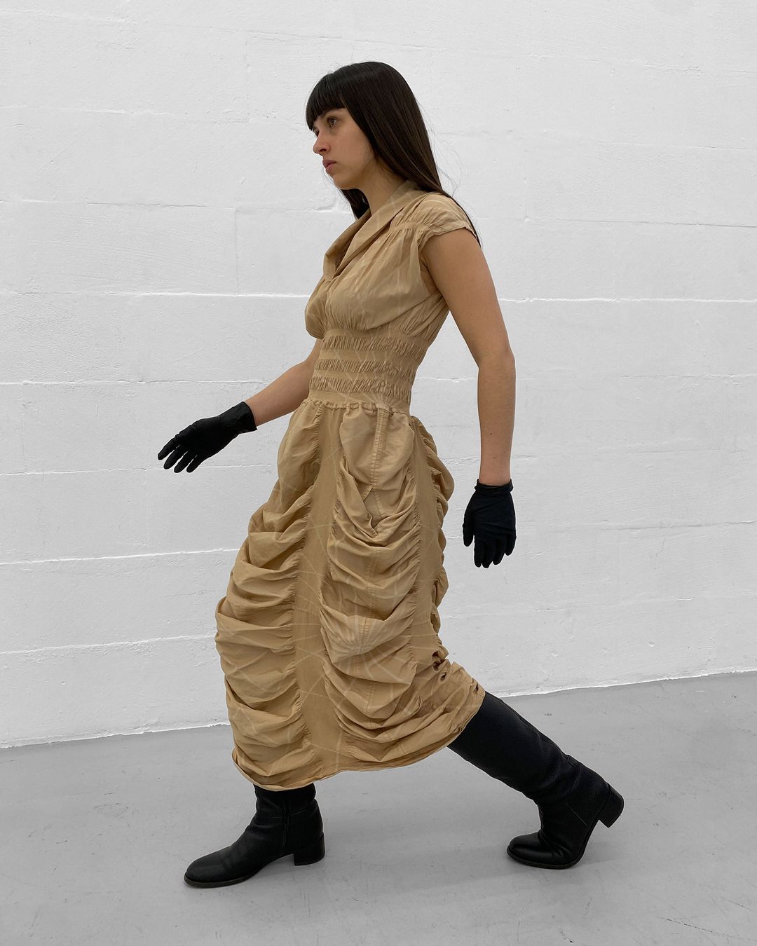 Issey Miyake 2000s A-POC Scrunch Dress Beige by ISSEY MIYAKE in size ONE SIZE from DRESSES category