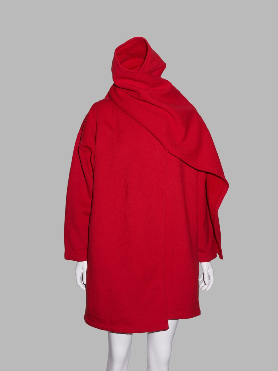 Norma Kamali 1980s bright red fleece gown coat with integrated scarf by Norma Kamali in size M from COATS & JACKETS category