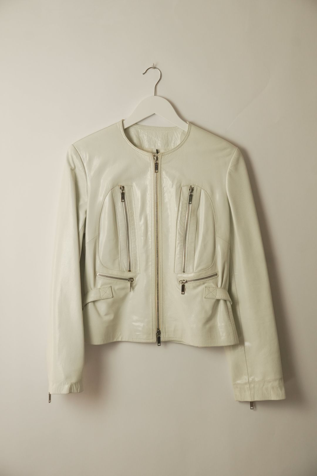 Celine White Motorcycle Zipper Collarless Leather Jacket by CÉLINE in size S from COATS & JACKETS category