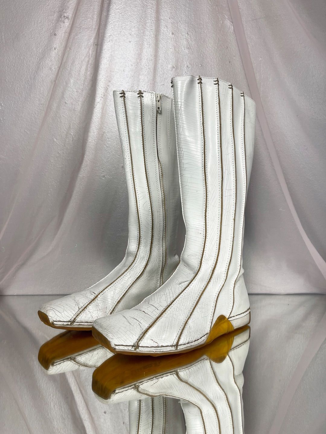 2000s Diesel Soleil white leather cracked paint effect zip up knee moto-style boots by DIESEL in size EU 41 from SHOES category