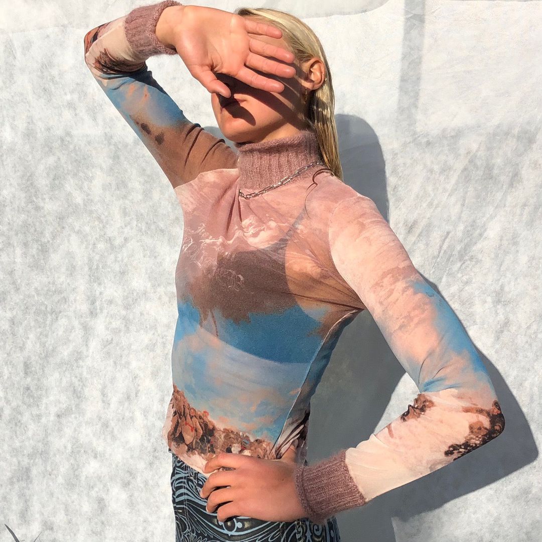 JEAN PAUL GAULTIER ANGEL PRINT LONG SLEEVE MESH TOP by JEAN PAUL GAULTIER in size ONE SIZE from TOPS category