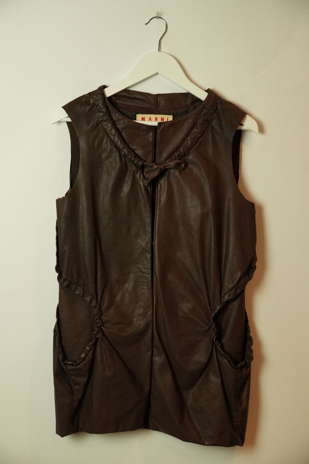 Marni Brown Leather Vest w Tie & Large Open Pockets by MARNI in size M from TOPS category