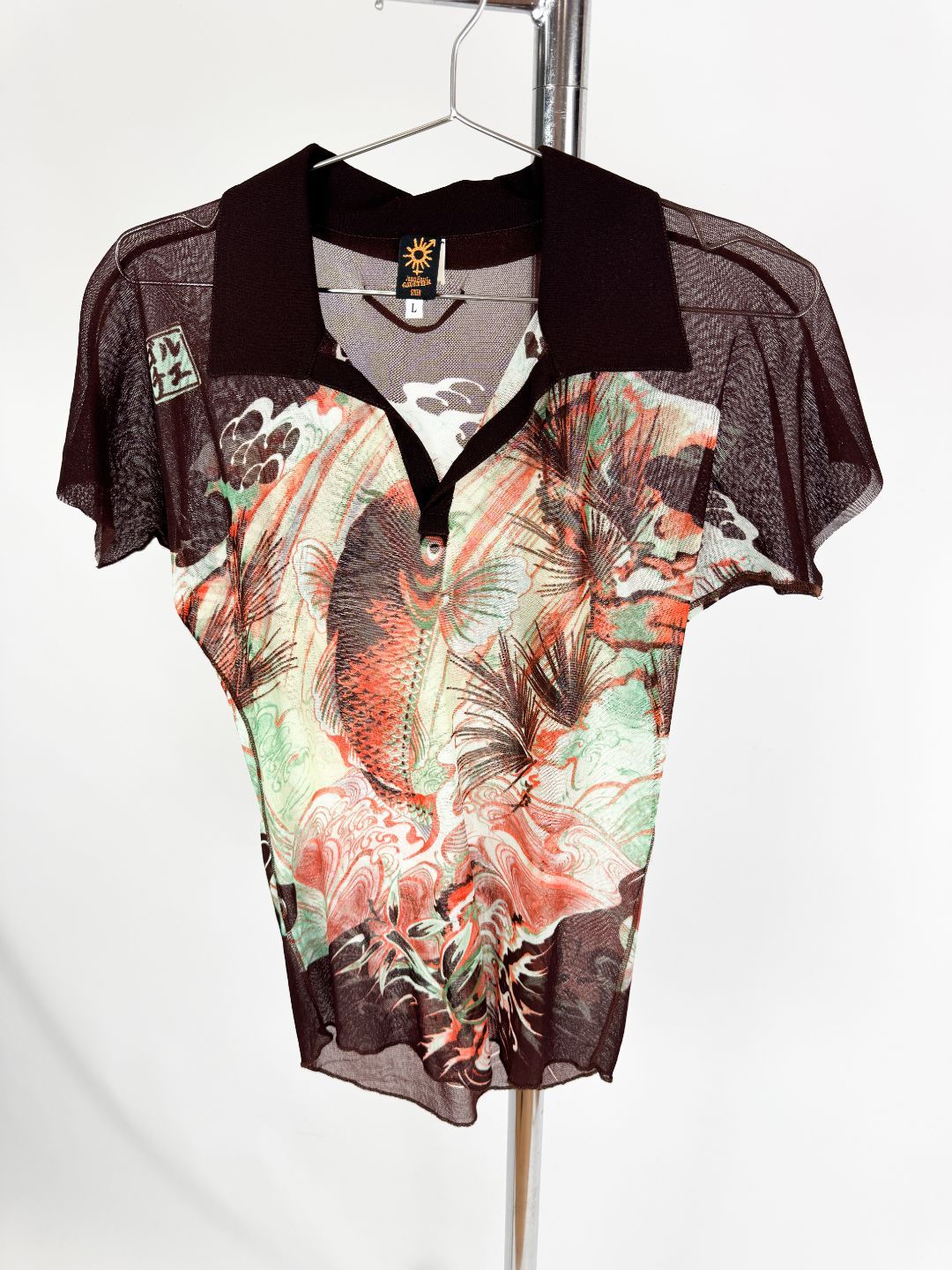 Jean Paul Gaultier SS2002 Koi Print Mesh Polo Shirt by JEAN PAUL GAULTIER in size L from TOPS category