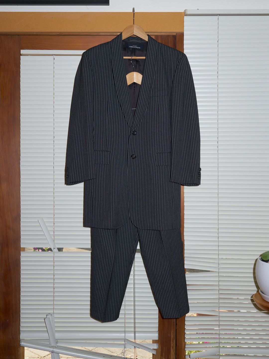 Comme des Garcons 1980s grey wool stripe shawl collar coat trouser suit - size S by COMME DES GARÇONS in size S from SUITS category