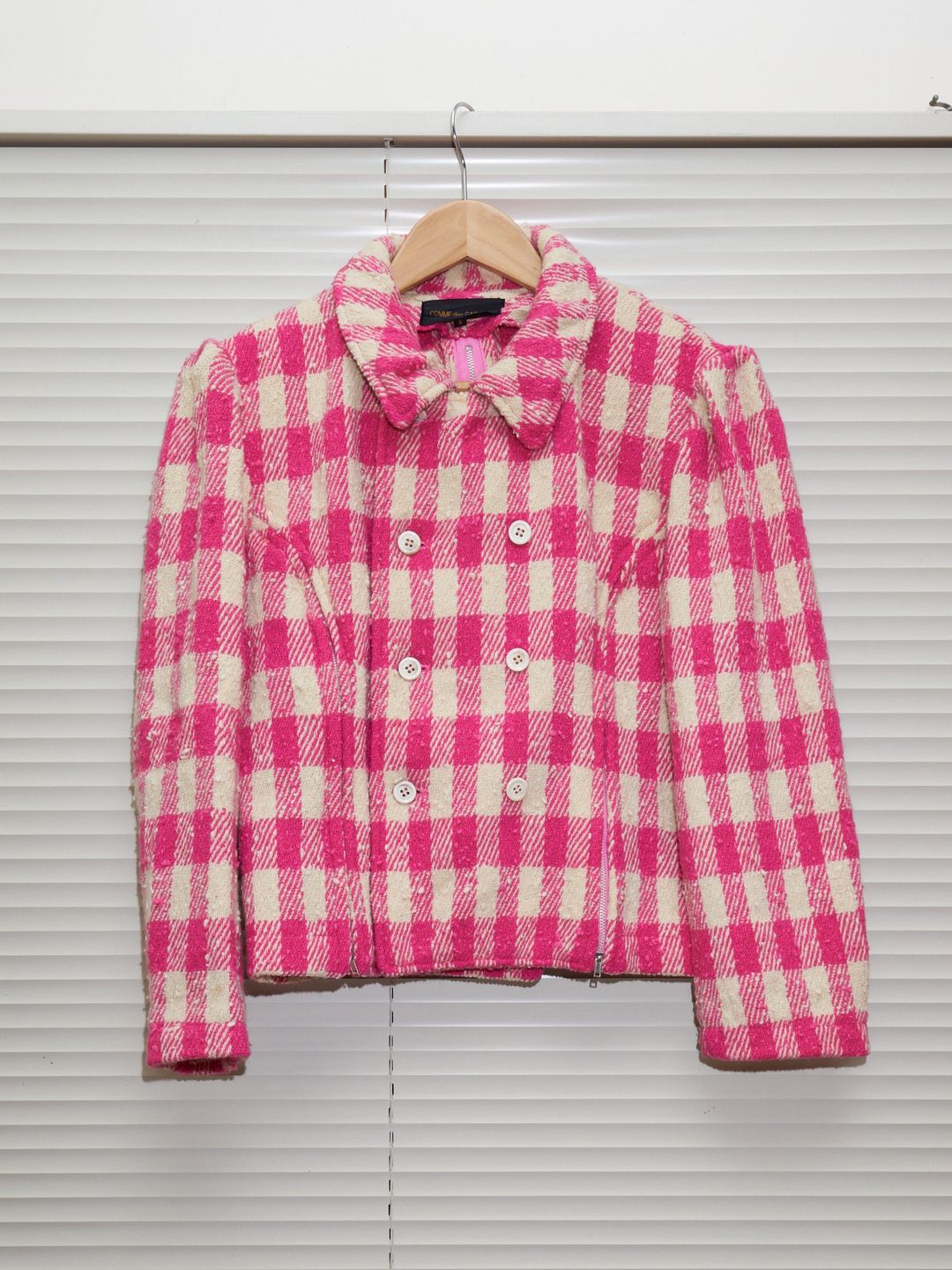 Comme des Garcons 1991 pink cream wool check zipped seam peacoat - womens S by COMME DES GARÇONS in size S from COATS & JACKETS category