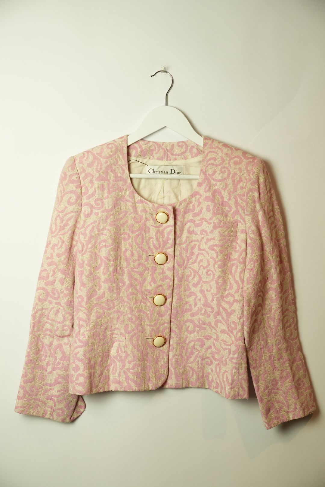Christian Dior Pink White Paisley Scoop Neck Collarless Blazer by DIOR in size S from COATS & JACKETS category