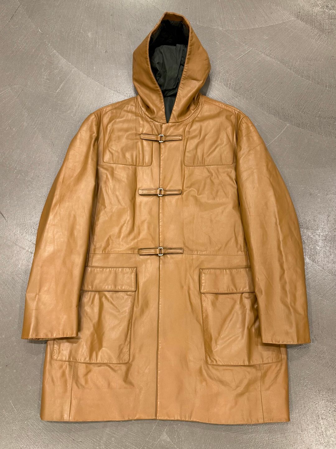 A/W1999 Prada runway leather hooded duffle coat by PRADA in size ONE SIZE from COATS & JACKETS category