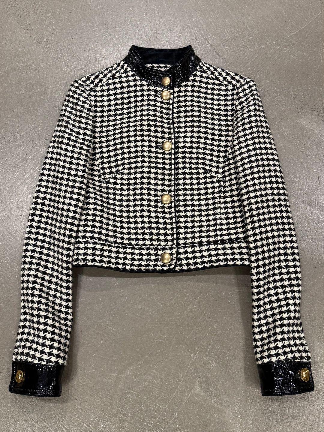 2000s Dolce & Gabbana vinyl trimmed cropped houndstooth jacket by DOLCE & GABBANA in size FR 40 from COATS & JACKETS category