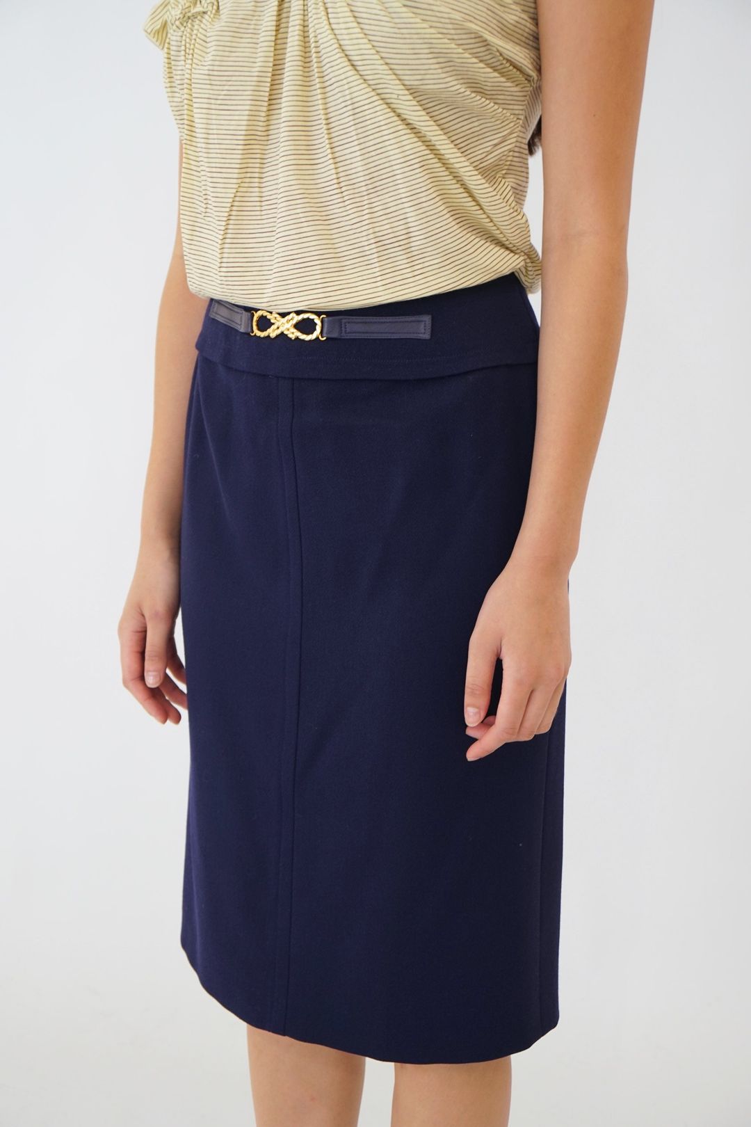 Celine Navy Pencil Skirt W Gold Buckle & Leather Detailing by CÉLINE in size AU/UK 8 from SKIRTS category