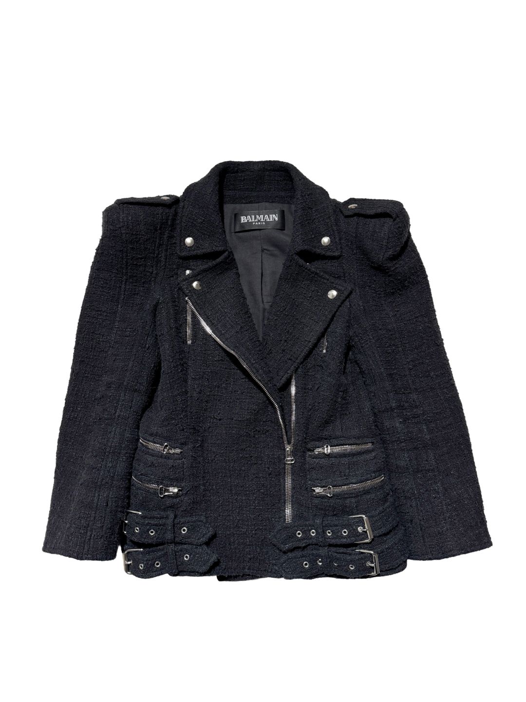 Balmain by Christophe Decarnin SS 2010 High Shoulder Tweed Biker Jacket by BALMAIN in size FR 42 from COATS & JACKETS category