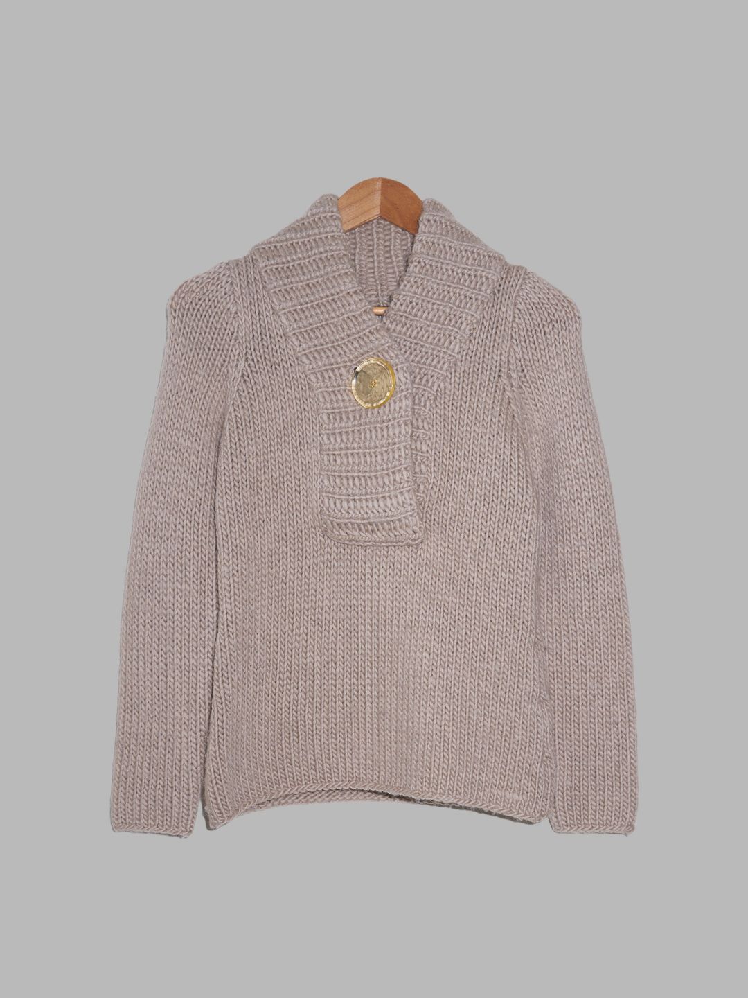 Cosmic Wonder 1990s-2000s beige wool shawl collar jumper with big plastic button by Cosmic Wonder in size XS from KNITWEAR category