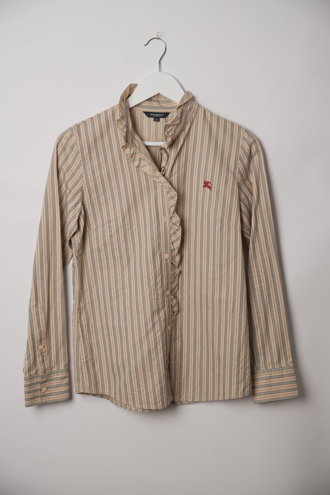 Burberry London Nova Stripe Ruffle Long Sleeve Button Down Blouse by BURBERRY in size XS from SHIRTS category