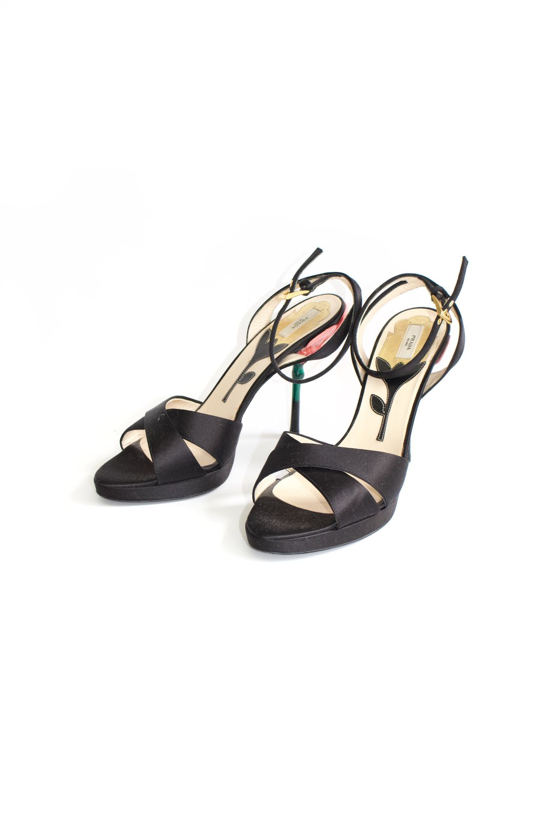 Prada SS 2008 black satin open-toe heels with rose heel by PRADA in size EU 38 from SHOES category