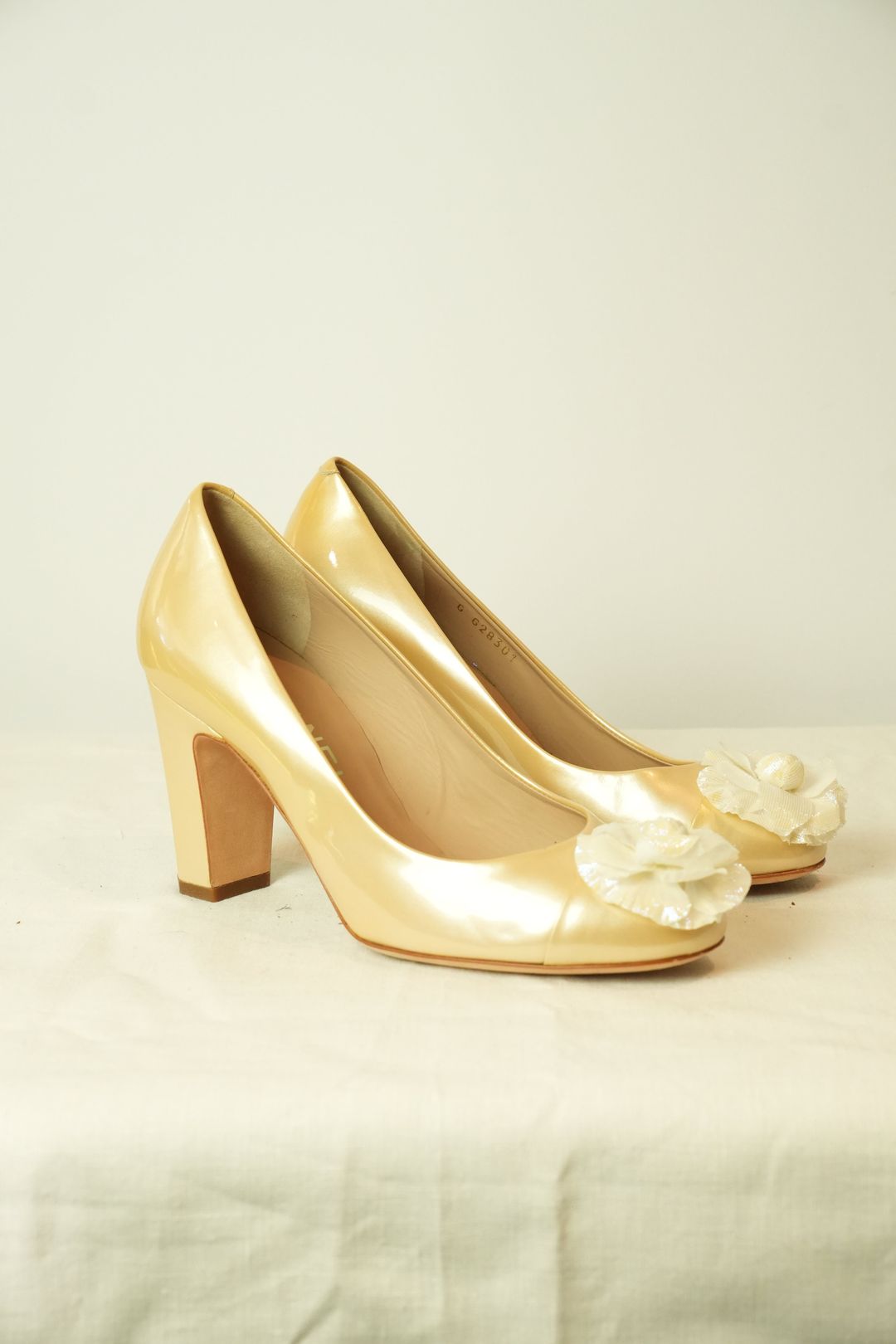 Chanel Gold Patent Pumps w Irridescent Floral Motif Sz 37 by CHANEL in size EU 37 from SHOES category