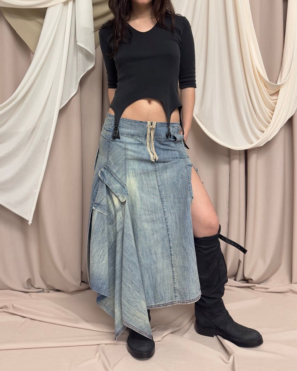 DECONSTRUCTED DENIM MAXI SKIRT by Marithé + François Girbaud by MARITHE AND FRANCOIS GIRBAUD in size FR 40 from SKIRTS category