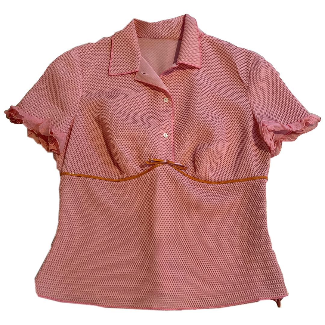 Prada Pink SS Mesh Ruffle Hem w Leather Trim UnderBoob Polo by PRADA in size S from TOPS category