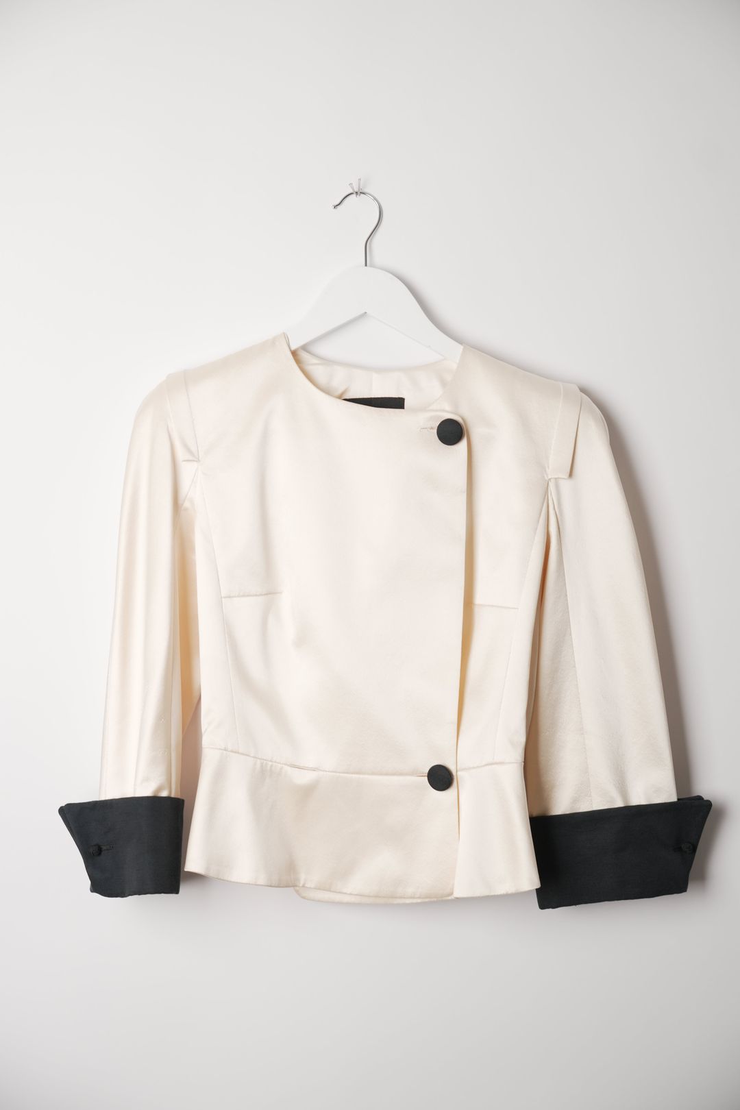 Giorgio Armani Silk White Collarless Blazer with Black Turn Up Sleeve by GIORGIO ARMANI in size XS from COATS & JACKETS category