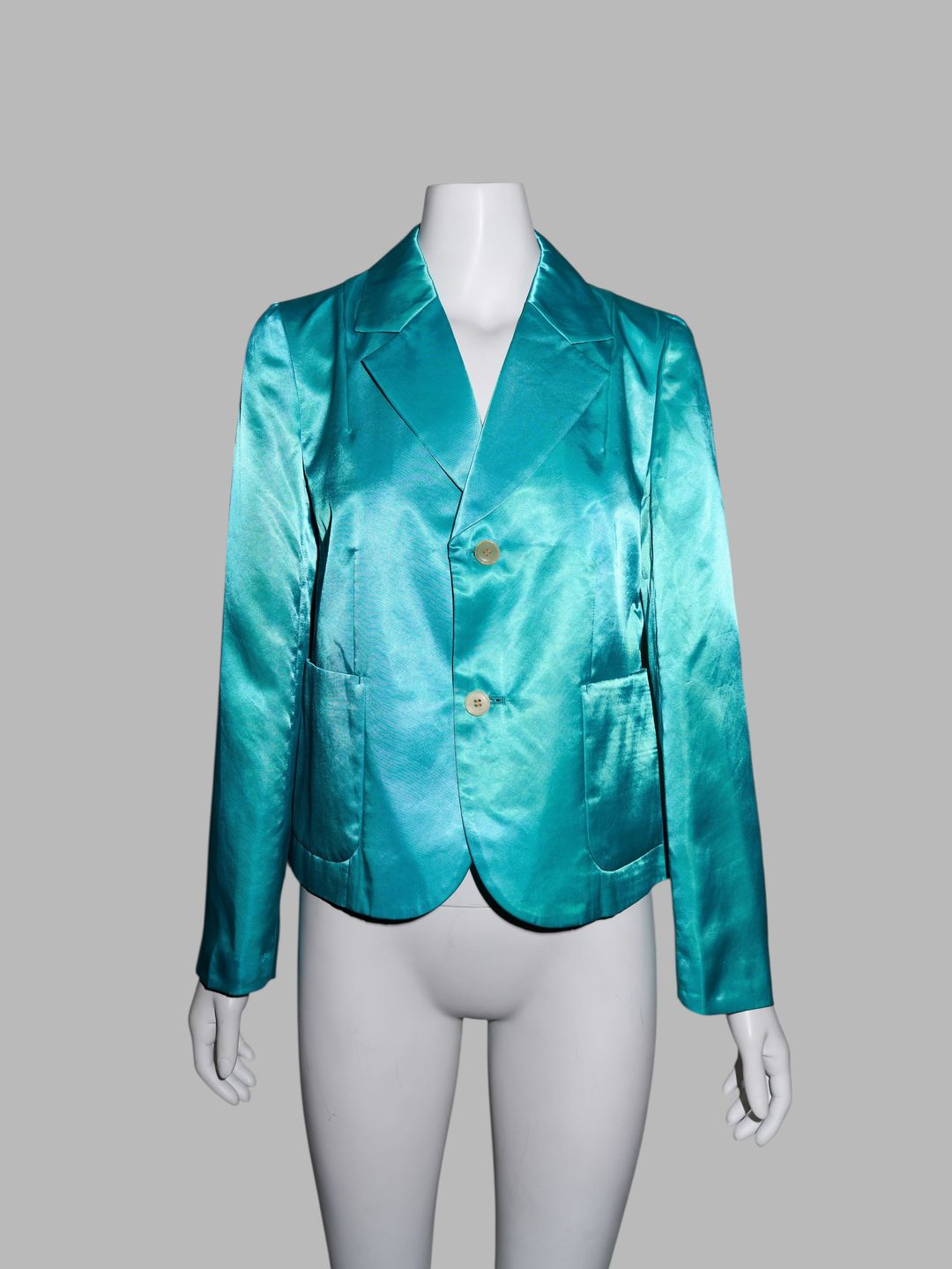 Tricot Comme des Garcons Junya Watanabe winter 1995 teal satin two button blazer by COMME DES GARÇONS in size ONE SIZE from COATS & JACKETS category