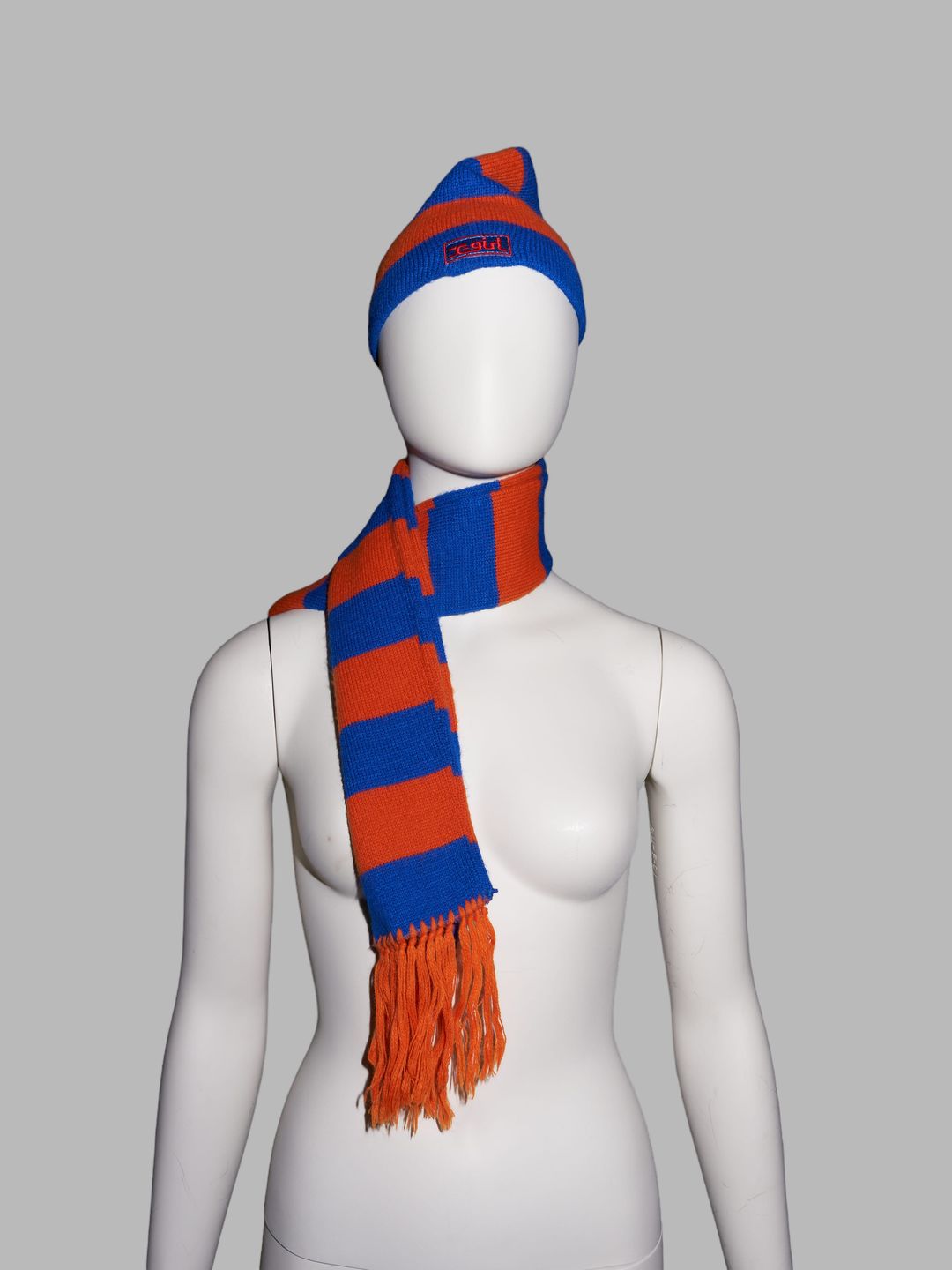 X-Girl Kim Gordon 1990s blue orange striped knit beanie with matching scarf by X-Girl Kim Gordon in size ONE SIZE from ACCESSORIES category