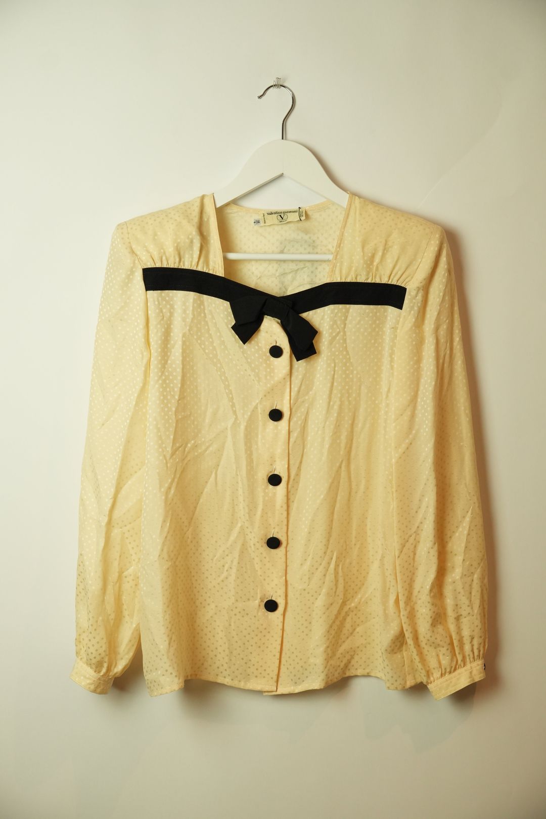 Valentino Garavani Cream Beige Polka Dot Chest Ribbon Button Down Blouse by VALENTINO in size S from TOPS category