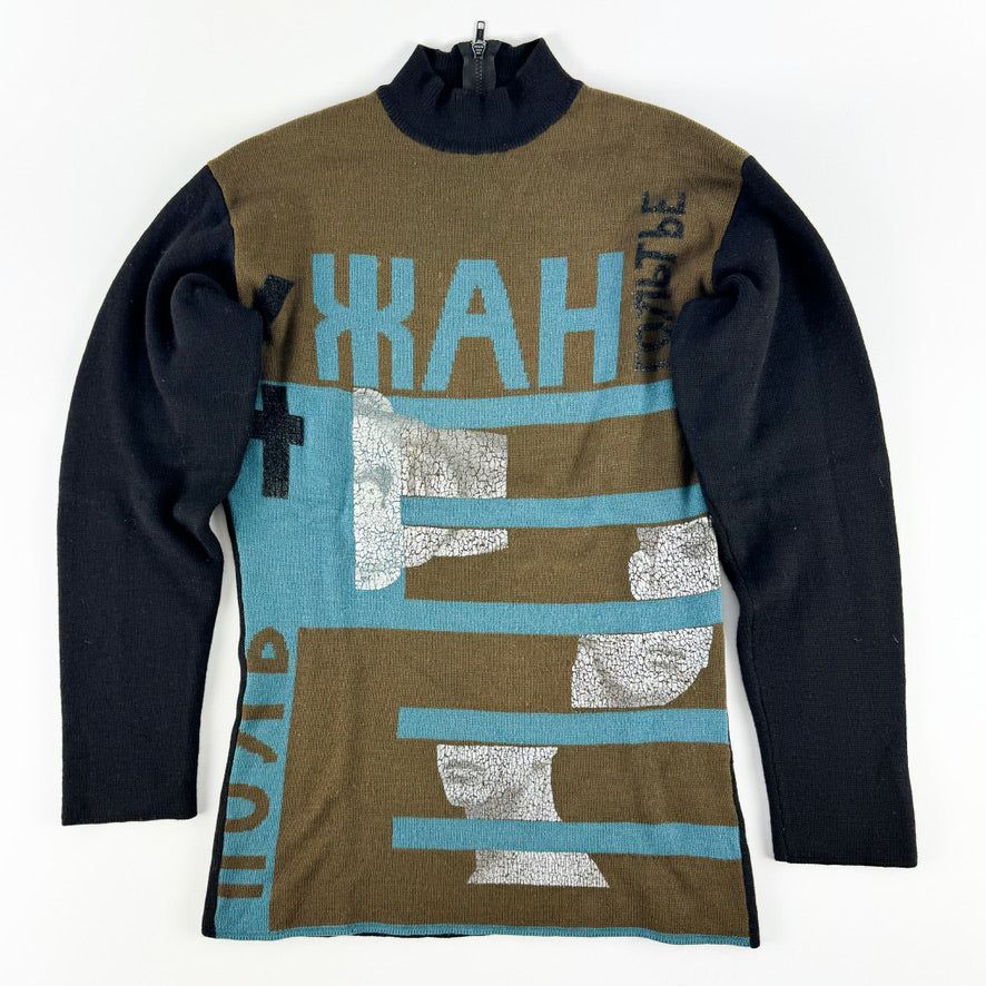 Jean Paul Gaultier Russian Constructivist Head Print Jumper FW1986 by JEAN PAUL GAULTIER in size XL from KNITWEAR category