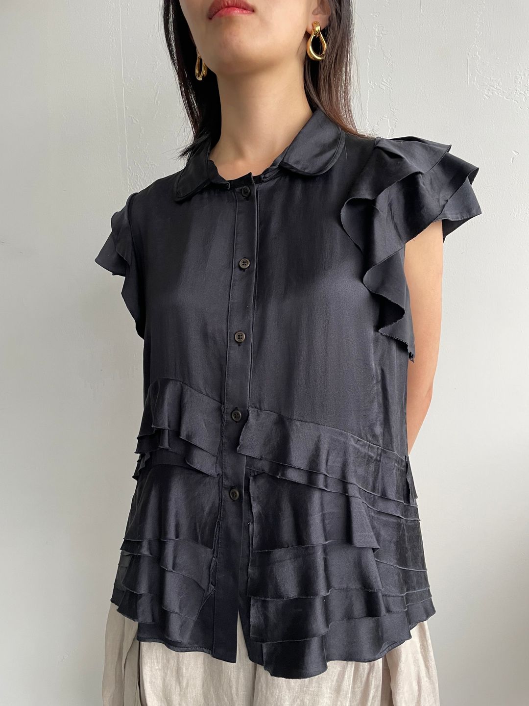 Prada silk distressed frayed short sleeve blouse charcoal black 44IT by PRADA in size IT 44 from TOPS category