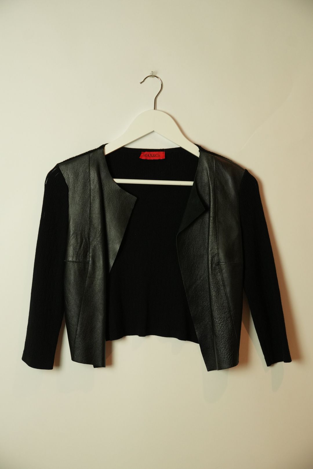 Max & Co Leather Panel Knit Back 3/4 Sleeve Cardigan by VENDOR-UNKNOWN in size XS from KNITWEAR category