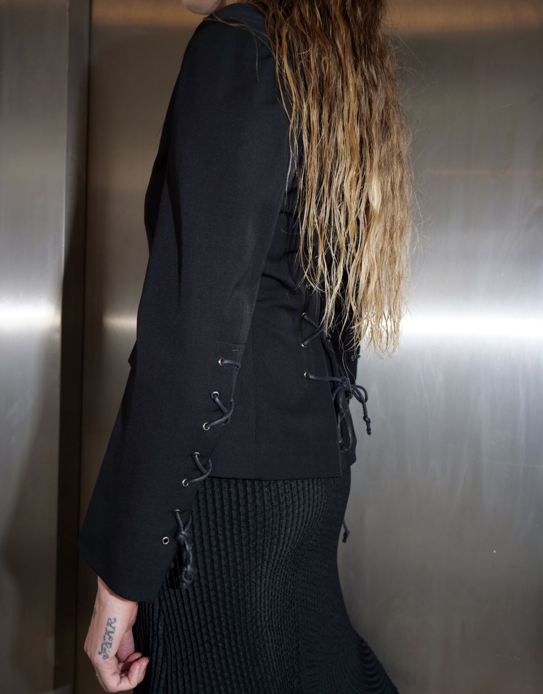 Black Blazer with Lace Up Back and Arms by Y'S YOHJI YAMAMOTO in size S from COATS & JACKETS category