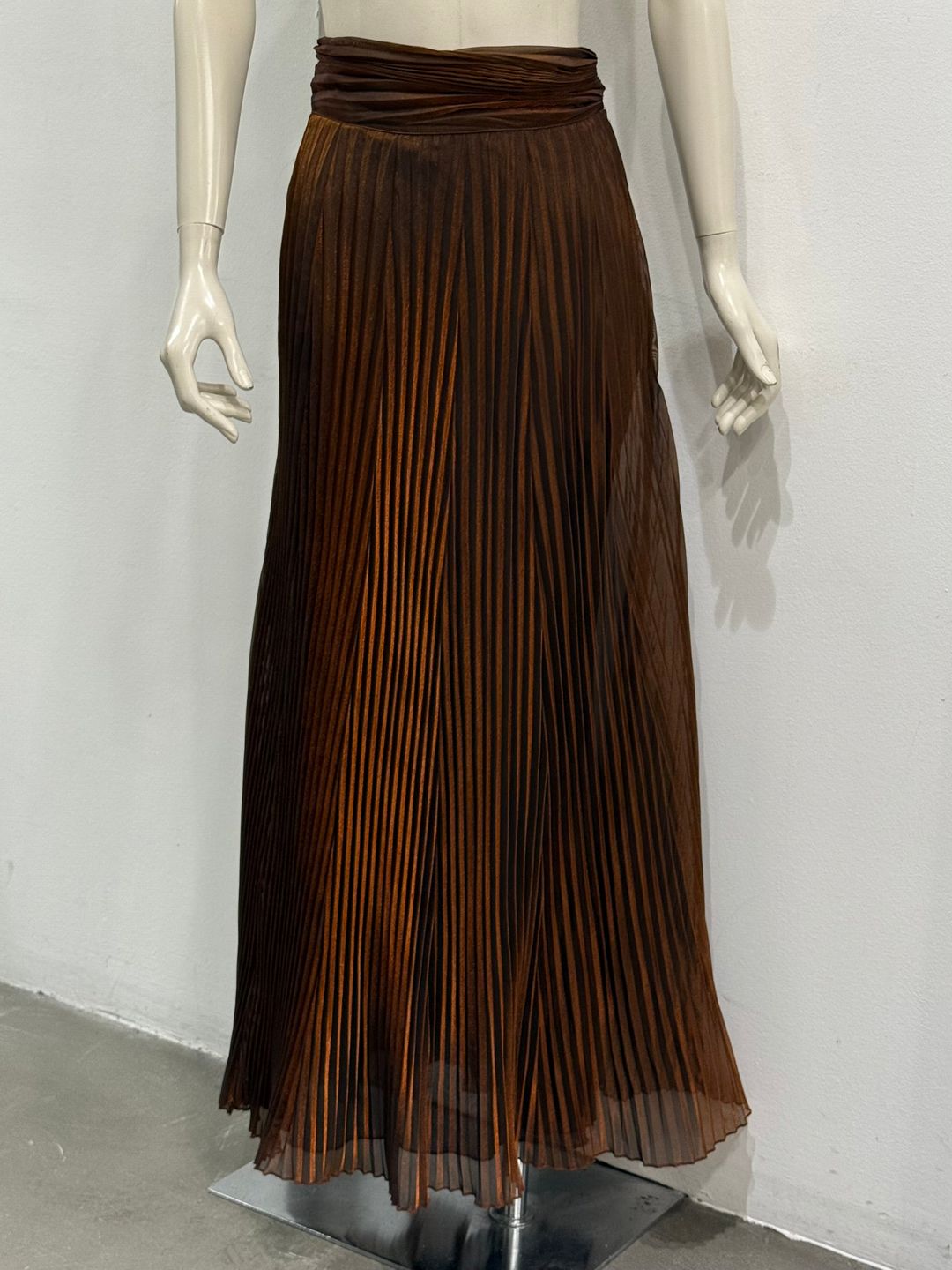 1980s Claude Montana pleated lurex iridescent long skirt by CLAUDE MONTANA in size FR 40 from SKIRTS category