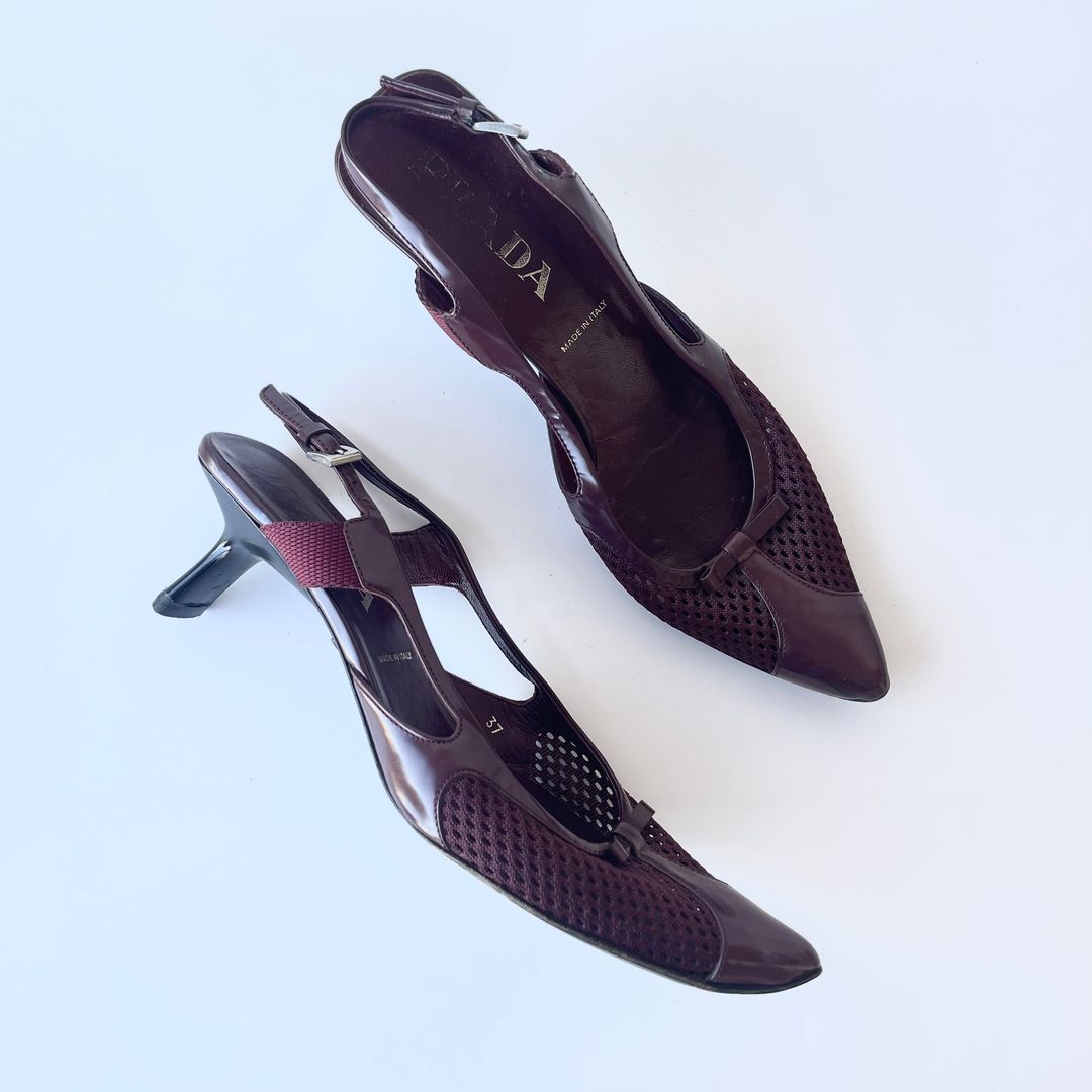 Prada SS2000 dark burgundy glossy leather and mesh slingback courts by PRADA in size IT 37 from SHOES category