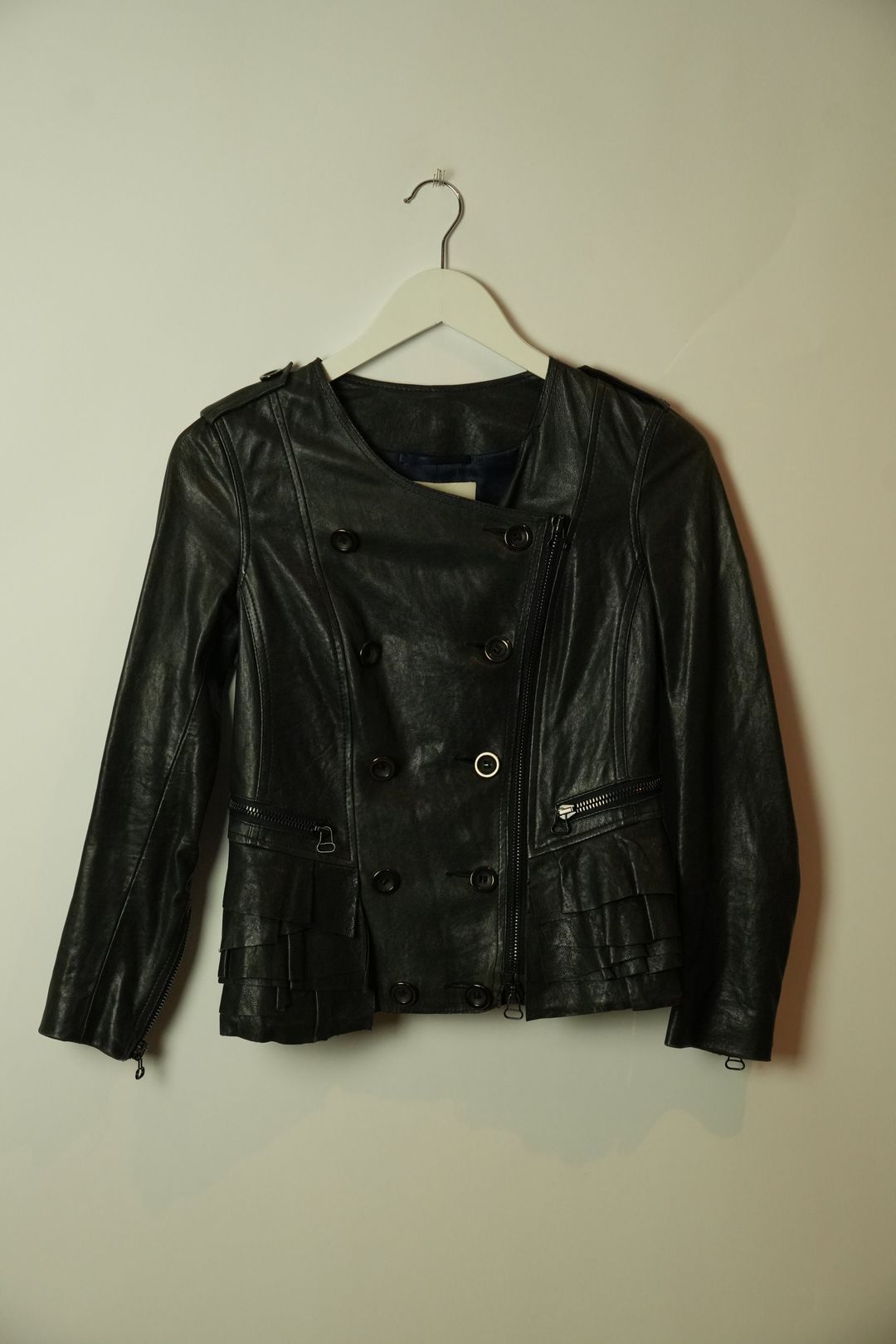 3.1 Phillip Lim Double Breasted Collarless Leather Ruffle Peplum Jacket by 3.1 PHILLIP LIM in size AU/UK 6 from COATS & JACKETS category