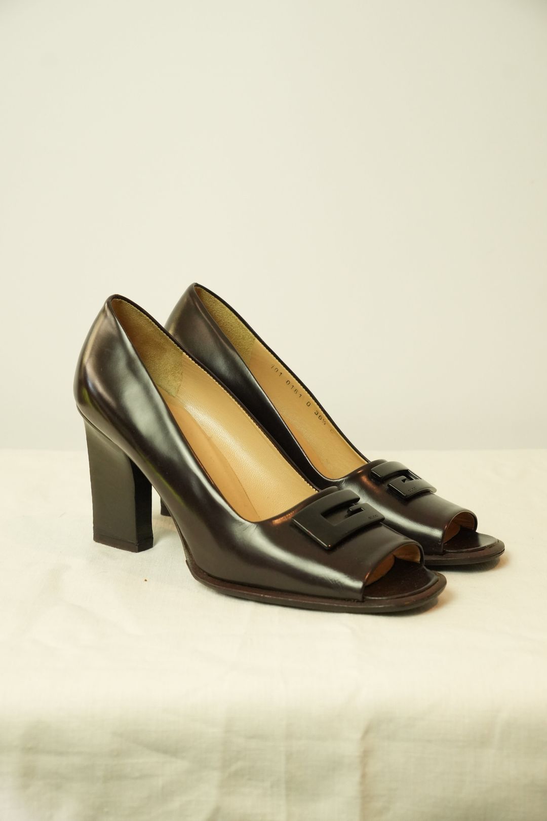 Gucci Brown Patent Leather Peeptoe Metal Logo Heels Sz36.5 by GUCCI in size EU 36 from SHOES category